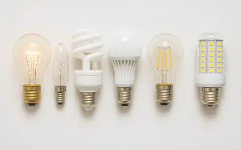 Six ampoules, dont une incandescente allumée, une bougie, une fluocompacte, une LED blanche, une LED filament et une LED maïs. La plupart sont non dimmable, signification : elles ne peuvent pas être variées.