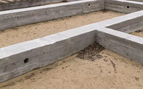 Betonowe ściany fundamentowe tworzą zarys przyszłego budynku. To dopiero stan zero, początek budowy domu.