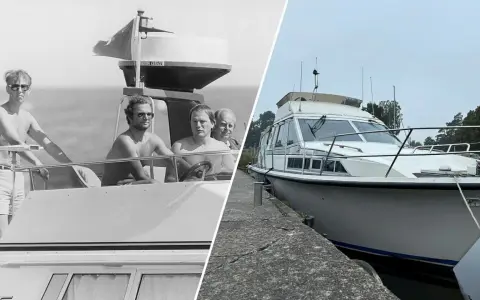Kungens båt Storebro, en klassiker på vattnet. Bilden visar en historisk bild av tre män på en båt och en modern bild av samma båt vid kaj.