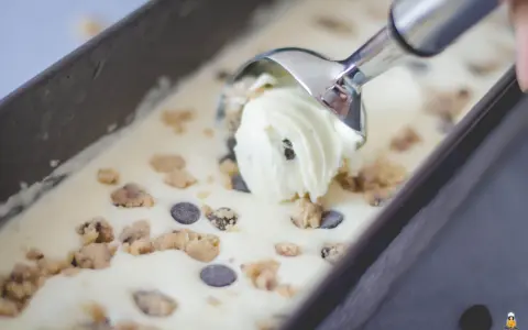 Mit einem Eisportionierer wird cremiges Cookie Dough Eis mit Schokostückchen aus einer Form gehoben. Perfekt, um Eis selber machen zu erleben!