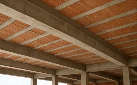 Widok na betonowe belki i pustaki ceramiczne, ukazujący różne rodzaje stropów w budowie.