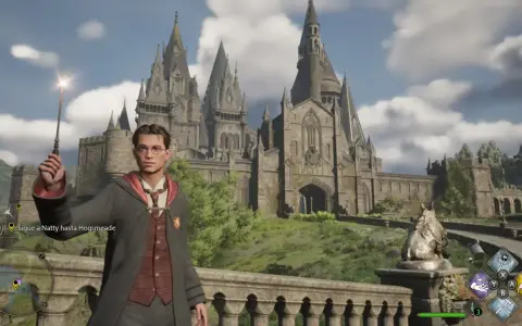 Estudiante con varita mágica frente al castillo de Hogwarts en Hogwarts Legacy Switch 2.