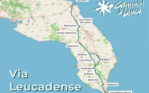 Mappa della Via Francigena del Sud, che attraversa la Puglia da Brindisi fino a De Finibus Terrae, toccando località come Lecce e Alessano.