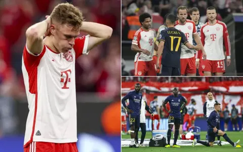 Jugadores de Madrid y Bayern en el campo. Un jugador del Bayern se lleva las manos a la cabeza.