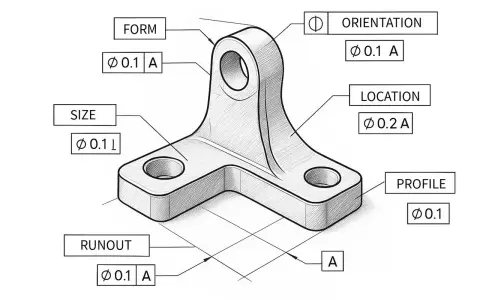 Rysunek techniczny z symbolami GD&T: FORM, SIZE, ORIENTATION, LOCATION, PROFILE, RUNOUT. Precyzyjne wymiary i tolerancje dla części.