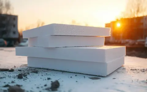 Lastre di polistirene estruso, ideali per l'isolamento termico di edifici, impilate al tramonto.
