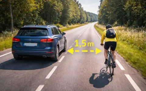 En bil kör nära en cyklist på en landsväg i Sverige. Texten "1,5m" indikerar avståndet mellan dem.