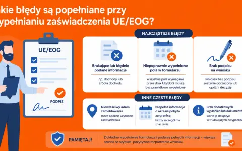 Ilustracja pokazuje błędy przy wypełnianiu wniosku UE/EOG: brakujące dane, niepoprawne pola, brak podpisu. Pamiętaj o dokładnym wypełnieniu dowodu tożsamości strefy eog.