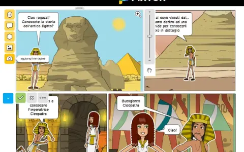 Creare un fumetto sull'antico Egitto con la Sfinge, piramidi e Cleopatra.