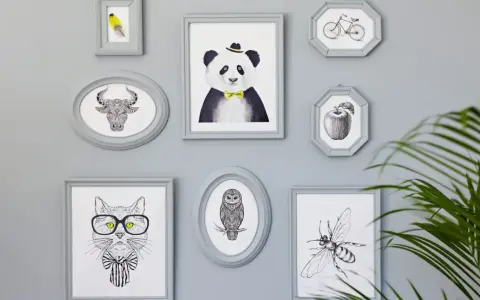 En samling gråa ramar med djur och föremål. En panda med fluga, en tjur, en katt med glasögon, en uggla, en bi, ett äpple och en cykel. Någon har valt att måla ramar för att skapa en personlig vägg.