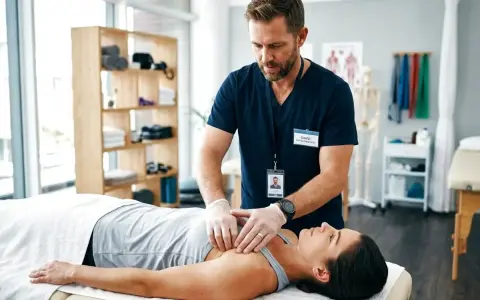 Fizjoterapeuta wykonuje masaż klatki piersiowej, pokazując jeden z rodzajów fizjoterapii.