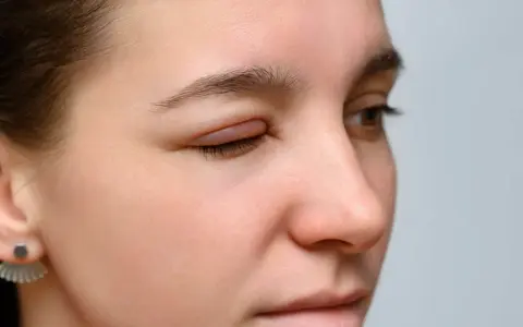 Occhi rossi e gonfi, forse per una reazione allergica. La palpebra è visibilmente gonfia e irritata.