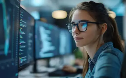 Une jeune femme programmeuse, tel une dj femme techno, travaille sur des lignes de code complexes devant plusieurs écrans lumineux.