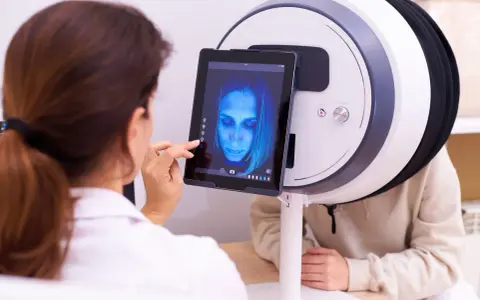 Lekarz analizuje obraz twarzy pacjenta na tablecie, wykorzystując zaawansowane urządzenie do diagnostyki chorób skóry.