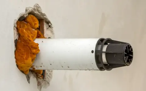 Instalación de tubería blanca para salida de humos de caldera de condensación, sellada con espuma expansiva. Cumpliendo la normativa.