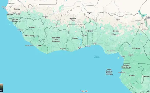 Mapa Afryki Zachodniej. Widoczny jest kraj Benin, położony między Togo a Nigerią, nad Zatoką Gwinejską.