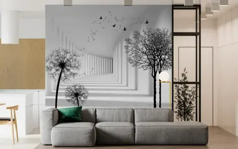 Un pasillo infinito con dientes de león y árboles crea un efecto visual para dar profundidad a una pared.