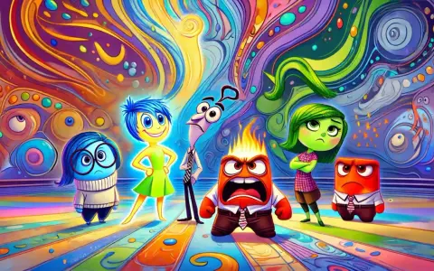 Kolorowy film edukacyjny dla dzieci o emocjach. Postacie: Radość, Smutek, Strach, Wstręt i Złość.