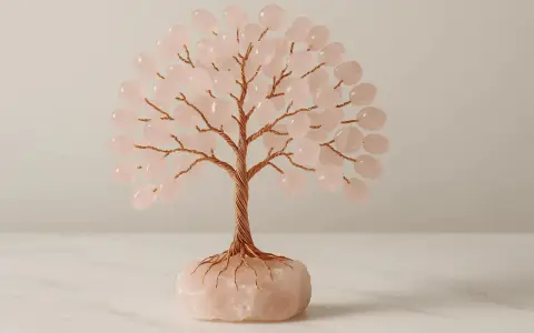 Albero decorativo con tronco e rami in filo di rame, foglie di quarzo rosa. Il quarzo rosa significato esoterico è legato all'amore e alla serenità.