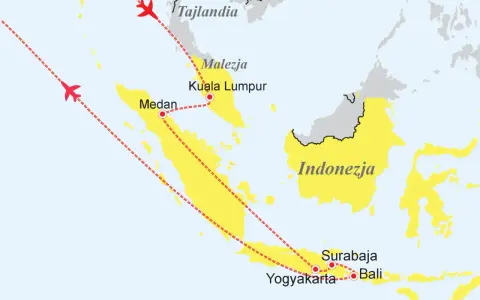Mapa pokazuje, gdzie leży Malezja, między Tajlandią a Indonezją. Zaznaczono loty do Kuala Lumpur i Medanu.
