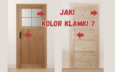Dwie drewniane drzwi wewnętrzne: ciemniejsze z szybą i jaśniejsze z poziomymi deskami. Czerwone strzałki wskazują na pytanie: "Jaki kolor klamki?".