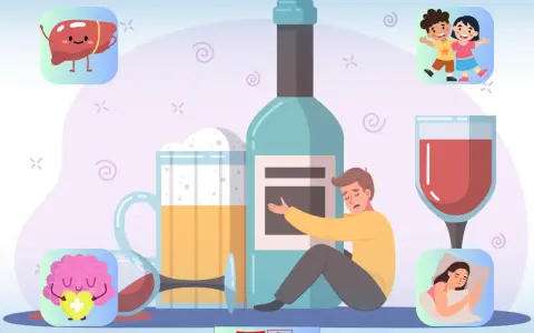 Smutny mężczyzna obok butelki alkoholu, piwa i kieliszka wina. Czy alkohol podnosi ciśnienie? Wizerunki wątroby, mózgu, śpiącej kobiety i dzieci.