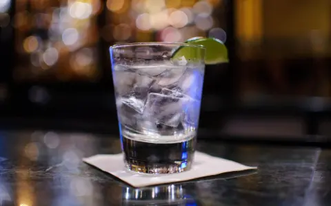 Ein erfrischender Gin Tonic mit Eis und Limette auf einer Bar.