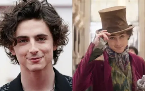 Timothée Chalamet jako Willy Wonka, w cylindrze i kolorowym szaliku, przygotowuje się do przygody.