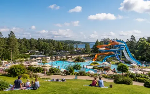 Familj njuter av en solig dag vid ett vattenland med rutschkanor och pooler, en idyllisk semester i norra Sverige.
