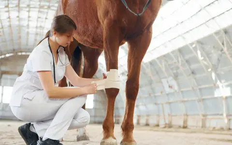 Vétérinaire bandant la jambe d'un cheval après un accident.
