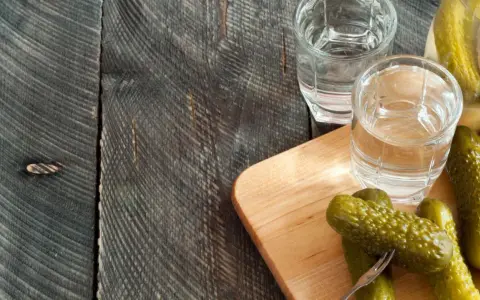 Zwei Gläser Wodka und eingelegte Gurken auf einem Holzbrett. Perfekt für alle, die Wodka selber machen wollen.