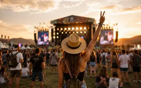 Una chica con sombrero levanta la mano en señal de paz en un festival al atardecer. La multitud disfruta de la música bajo el cielo dorado.