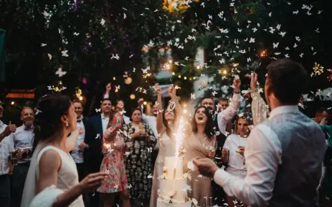 Eine ausgelassene Hochzeitsparty statt einer steifen Feier! Gäste werfen Schmetterlinge und zünden Wunderkerzen an, während das Brautpaar vor einem beleuchteten Kuchen steht.