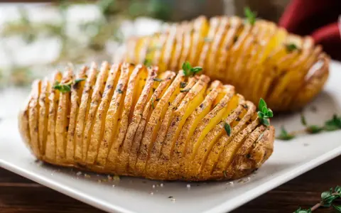 Patate hasselback dorate e croccanti, appena sfornate dalla friggitrice ad aria, guarnite con erbe aromatiche fresche.