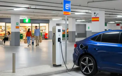 Familia comprando mientras su coche eléctrico se carga en puntos de recarga coches eléctricos en España gratis.