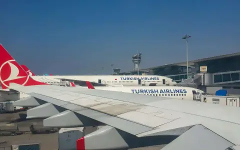 Samoloty Turkish Airlines na płycie lotniska. W tle terminal i wieża kontroli lotów. Czekam na mój bagaż.
