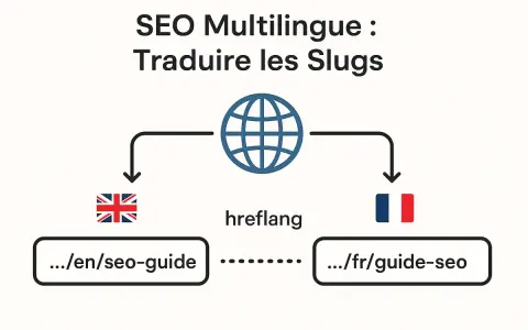 Schéma SEO multilingue : traduction des slugs pour WordPress. Un lien entre l'anglais (.../en/seo-guide) et le français (.../fr/guide-seo) via hreflang.