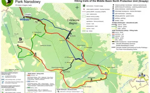 Mapa szlaków pieszych i edukacyjnych Biebrzańskiego Parku Narodowego. Atrakcje przyrodnicze i turystyczne.