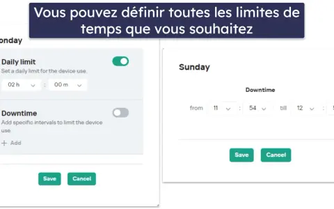 Interface de contrôle parental PC pour définir des limites d'utilisation quotidiennes et des plages horaires de temps d'arrêt.