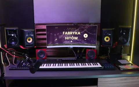 Studio nagraniowe z monitorem "Fabryka Hitów", klawiaturą, mikrofonem i głośnikami. Idealne miejsce dla polskich wytwórni muzycznych.