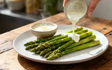 Une sauce hollandaise au siphon est versée sur des asperges vertes sur une assiette.