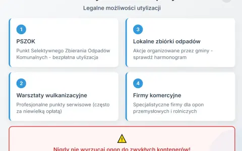 Legalne sposoby na co zrobić ze starymi oponami: PSZOK, zbiórki gminne, wulkanizatorzy, firmy komercyjne. Nie wyrzucaj do zwykłych kontenerów!