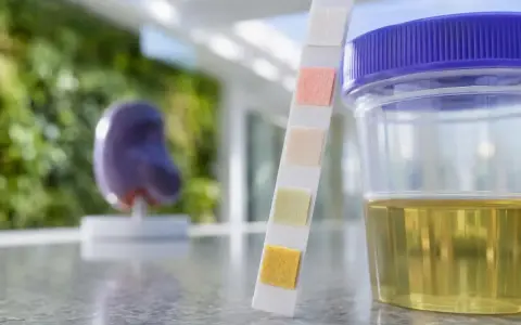 Test paskowy do analizy moczu obok pojemnika z żółtym płynem. Model nerki w tle. Czy stres wpływa na białko w moczu?