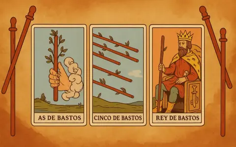 El As de Bastos, Cinco de Bastos y Rey de Bastos en el tarot.