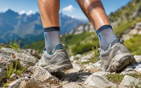 Nogi w butach trekkingowych na lato, pokonujące kamienisty szlak w górach. Idealne, by cieszyć się wędrówką.