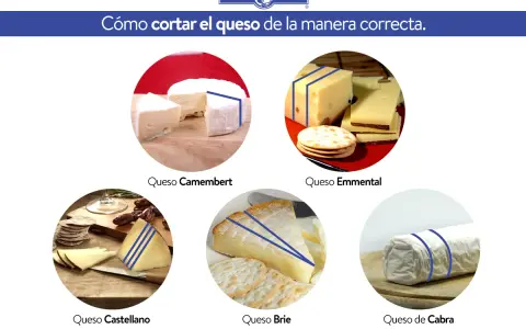 Guía visual sobre como cortar queso Camembert, Emmental, Castellano, Brie y de Cabra correctamente.