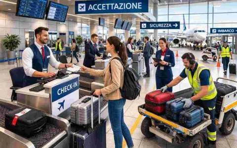Personale sorridente al check-in, passeggeri con bagagli e addetti che lavorano in aeroporto.