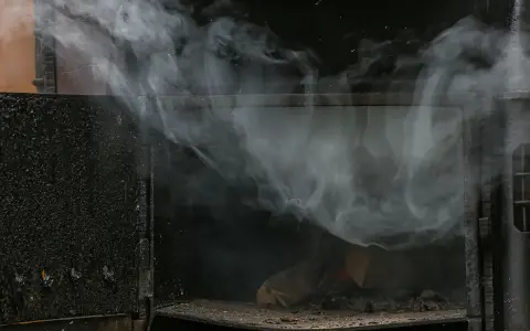 Dentro di un camino, il fuoco brucia legna, ma il fumo denso e bianco si diffonde all'esterno, creando un'atmosfera suggestiva.