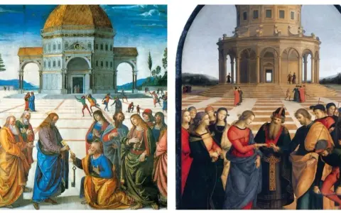 Deux scènes d'une oeuvre de la Renaissance italienne : remise des clés et mariage. Architecture classique, personnages en toges.