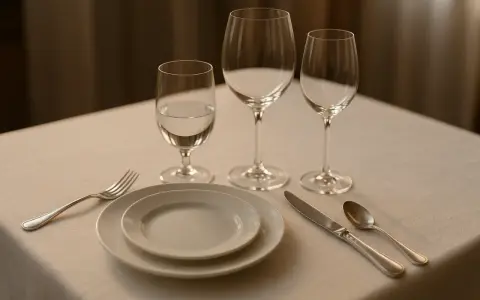 Un verre à eau, deux verres à vin vides, assiettes, couverts et une serviette sur une table dressée.